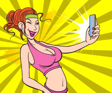 Selfie, genç bir kadın kendi fotoğraflarını çekmek için cep telefonu kullanıyor. Pop Art Hand çizilmiş biçim vektör tasarımı çizimleri.