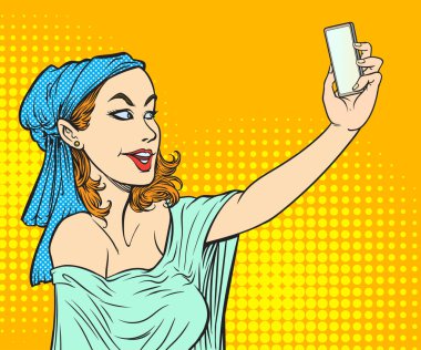 Selfie, genç bir kadın kendi fotoğraflarını çekmek için cep telefonu kullanıyor. Pop Art Hand çizilmiş biçim vektör tasarımı çizimleri.