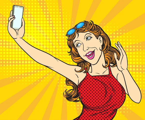 Selfie Genç Bir Kadın Kendi Fotoğraflarını Çekmek Için Cep Telefonu — Stok Vektör
