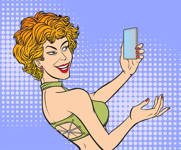 セルフィー 若い女性は自分自身の写真を撮るために携帯電話を使用しています ポップアート手描きスタイルベクターデザインイラスト — ストックベクタ