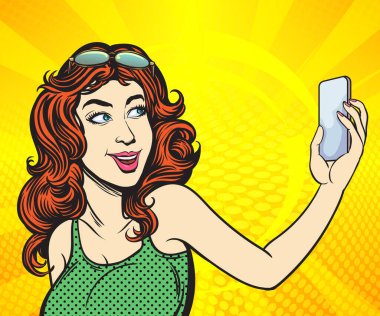 Selfie, genç bir kadın kendi fotoğraflarını çekmek için cep telefonu kullanıyor. Pop Art Hand çizilmiş biçim vektör tasarımı çizimleri