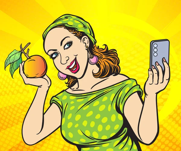 Selfie 여자는 과일과 자신의 사진을 전화를 사용합니다 손으로 스타일 디자인 — 스톡 벡터