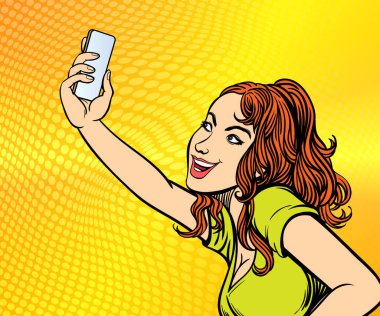 Selfie, genç bir kadın kendi fotoğraflarını çekmek için cep telefonu kullanıyor. Pop Art Hand çizilmiş biçim vektör tasarımı çizimleri.