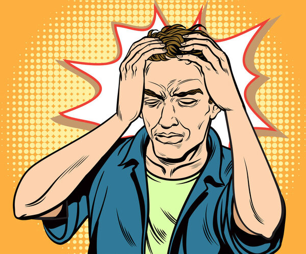 The man is having a problem, being sick, having a severe headache. Pop art retro hand drawn style vector design illustrations.