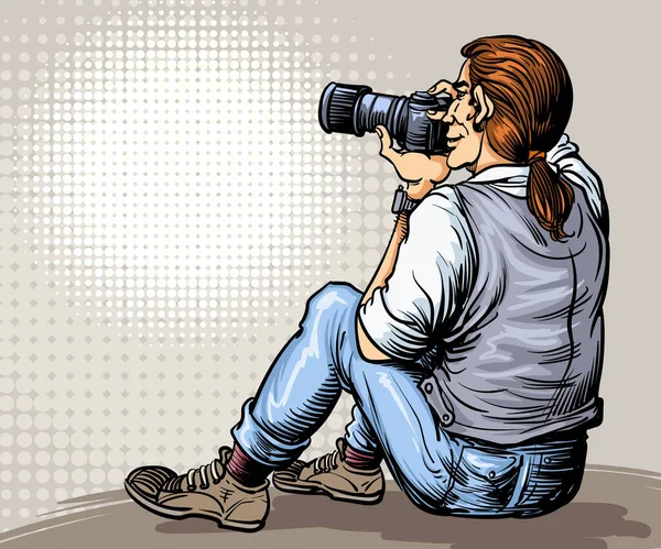 写真家のバックビュー 座って写真を撮るカメラを持っている男 レトロベクター手描きスタイルのイラスト — ストックベクタ