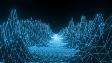 Retro kablo düşük polyester peyzaj arka planı. Siber uzay ızgarası