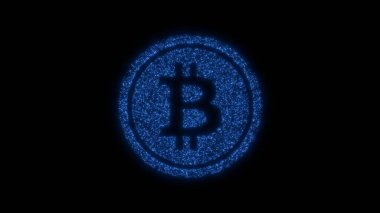 Yanıp sönen parçacıklardan gelen bitcoin işareti. Kripto para birimi, sanal para parlayan sembol