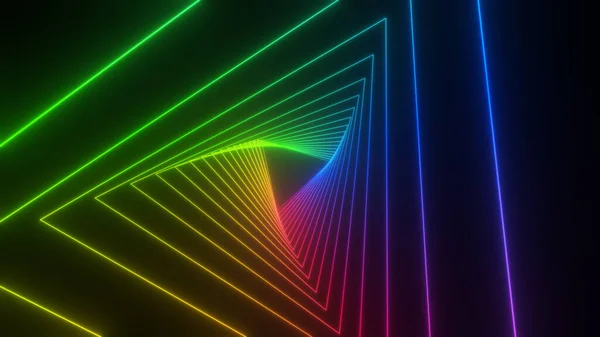 Travel through abstract neon tunnel. Glowing colorful background.