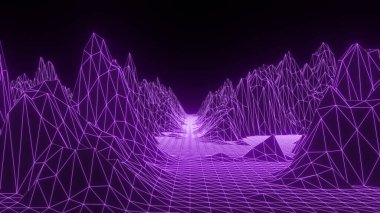 Retro kablo düşük polyester peyzaj arka planı. Siber uzay ızgarası