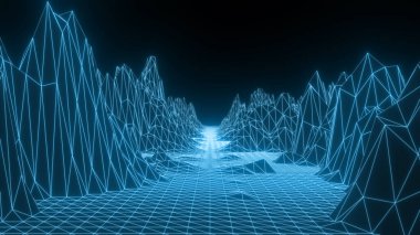 Retro kablo düşük polyester peyzaj arka planı. Siber uzay ızgarası