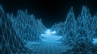 Retro kablo düşük polyester peyzaj arka planı. Siber uzay ızgarası