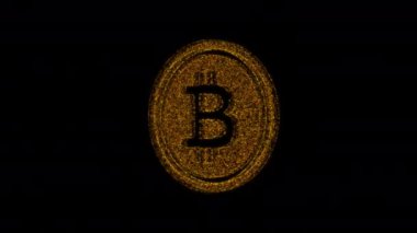 Yanıp sönen parçacıklardan dönen Bitcoin işareti. Kripto para birimi, sanal para parlayan sembol