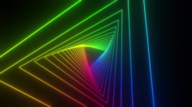 Soyut neon tünelinden geç. Parlak üçgenlerin hareket arkaplanı. Kusursuz döngü