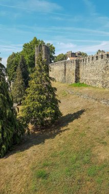 Güneşli bir günde, yemyeşil ağaçların ve çimenli bir gökyüzünün altında duran tarihi taş duvar ortaçağ mimarisinin ve huzurlu doğanın güzelliğini gözler önüne seriyor..