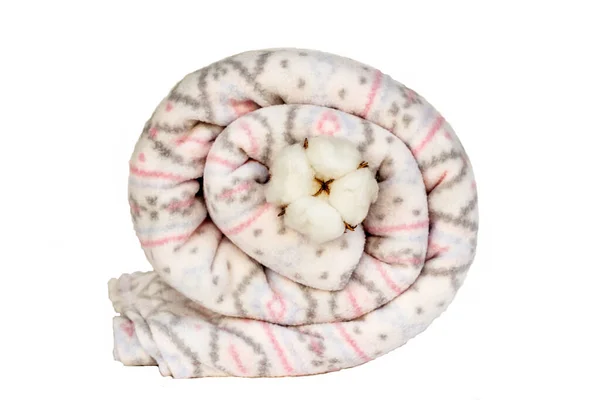 Soft Wool Blanket Fleece Rolled Swirl Natural Cotton Boll Isolated — Stock Photo, Image