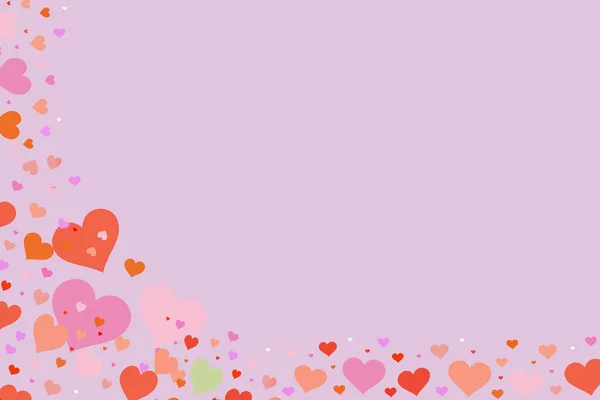 Decorativo Vários Corações Diferentes Tamanhos Cores Colocados Fundo Borda Rosa — Fotografia de Stock