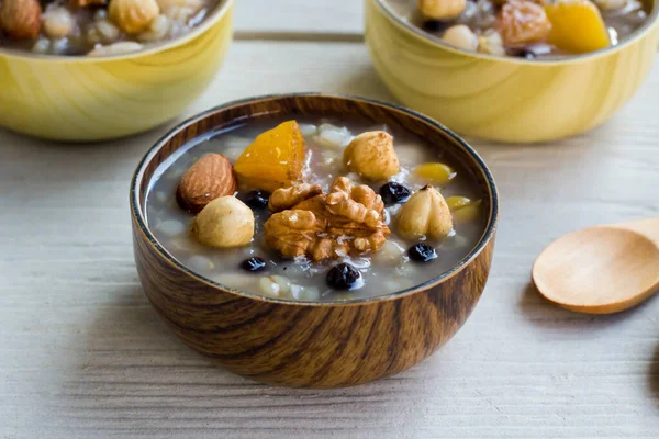 Traditional Turkish Dessert Ashure Noah Puding Designed Bamboo Bowls Wooden — Stock Photo, Image