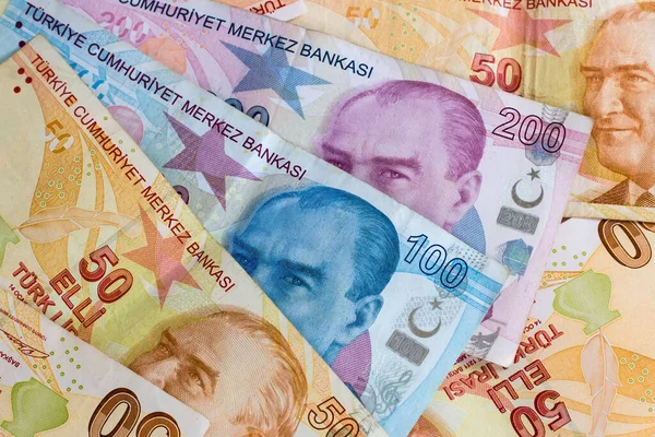 Paper, two hundred, fifty and one hundred Turkish liras were designed together,half view