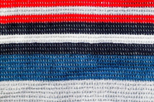 Hand Knitted Wool Blanket Background Red Blue White Stripes — Stock Photo, Image