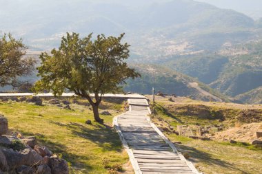 Tarihi yerlerde güvenli bir şekilde yürüyen ahşap yol