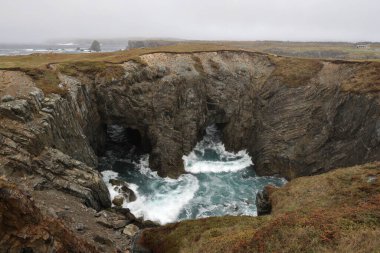 Sea caves and arches at Dungeon Provincial Park near Bonavista, Newfoundland, Canada clipart