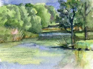 Gökyüzü arka planında suluboya gölle boyanmış bahçe. Peyzaj el yapımı. 