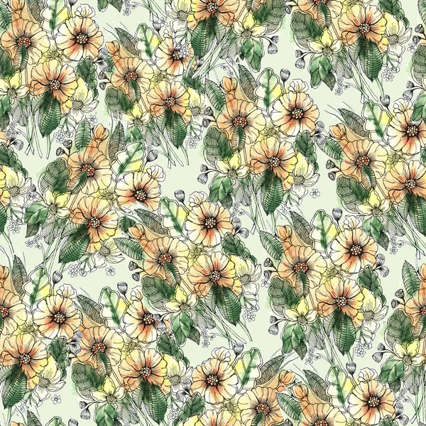Garden Flowers Painted Watercolor Floral Seamless Pattern Green Background — Stock Photo, Image