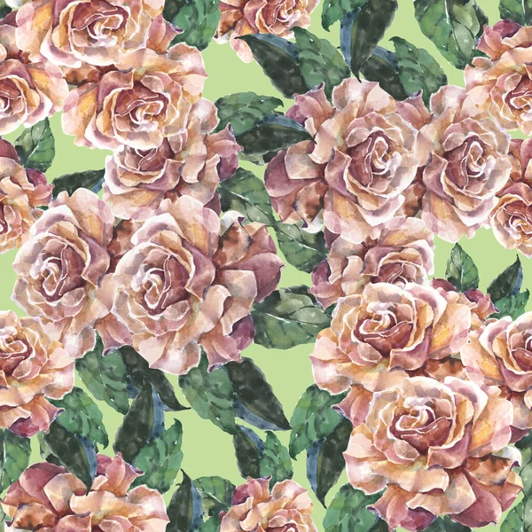 緑の背景に水彩で絵を描く葉の庭のバラの花束 装飾繊維や紙のための花シームレスパターン — ストック写真
