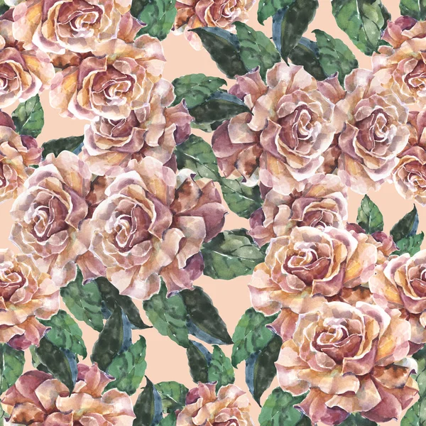 芬芳巧克力玫瑰 叶色水彩画粉红色背景 装饰用纺织品和纸的花卉图解 — 图库照片