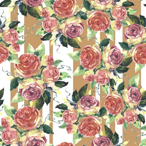 一束玫瑰 叶色为水彩画 背景为白色条纹 装饰用纺织品和纸的花卉图解 — 图库照片