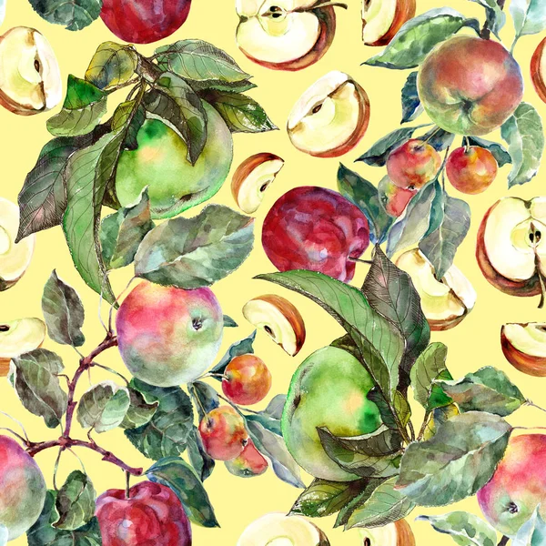 Осінні Яблука Листям Малюють Аквареллю Кремовому Фоні Безшовний Візерунок Прикрас — стокове фото