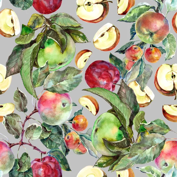 Herbstäpfel Mit Blättern Aquarell Auf Grauem Hintergrund Nahtloses Muster Für — Stockfoto