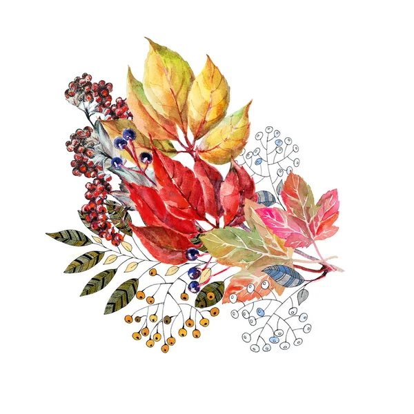 Осенние Листья Ягодной Росписью Акварелью Ручная Иллюстрация — стоковое фото