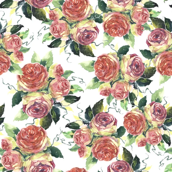 Μπουκέτο Τριαντάφυλλα Κήπου Φύλλα Ζωγραφικής Ακουαρέλα Λευκό Φόντο Floral Αδιάλειπτη — Φωτογραφία Αρχείου