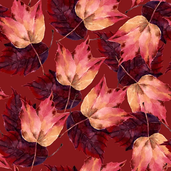 Autumn  leaves painting in watercolor on red background. Seamless pattern for decorations textiles and papers.