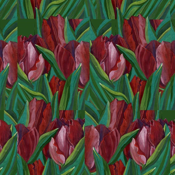 Bouquet Garten Tulpe Mit Blättern Malerei Aquarell Auf Grünem Hintergrund — Stockfoto