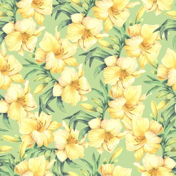緑の背景に水彩で絵を描く葉を持つ花束の庭ユリ 装飾繊維や紙のための花シームレスパターン — ストック写真