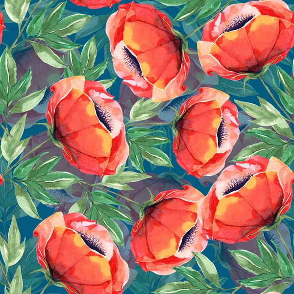 Csokor Kerti Mák Levelekkel Festett Akvarell Kék Háttér Virágos Zökkenőmentes — Stock Fotó
