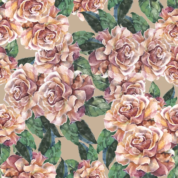 带有米色背景水彩画叶子的芬芳花园玫瑰 装饰用纺织品和纸的花纹无缝图案 — 图库照片