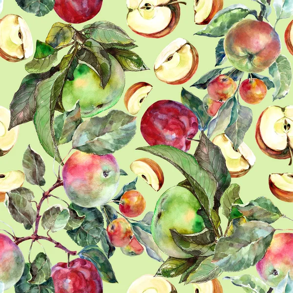 Осінні Яблука Листям Малюють Аквареллю Зеленому Фоні Безшовний Візерунок Прикрас — стокове фото