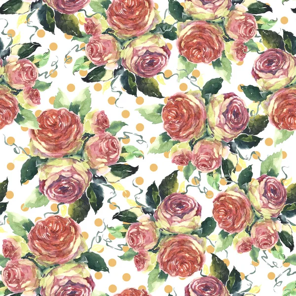 芳香的花园玫瑰 叶色为水彩画 背景为白色斑斑 装饰用纺织品和纸的花卉图解 — 图库照片