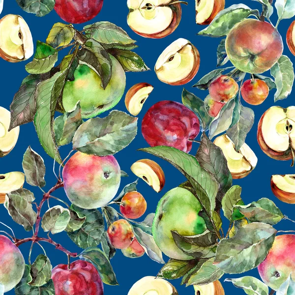 在蓝色背景上涂上水彩画的花园苹果 装饰用纺织品和纸的花卉图解 — 图库照片