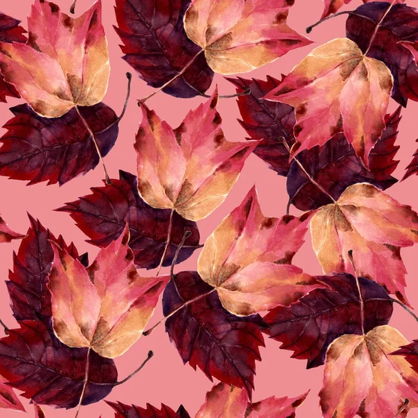 Garden autumn leaves painting in watercolor. Seamless pattern on pink background for decor.