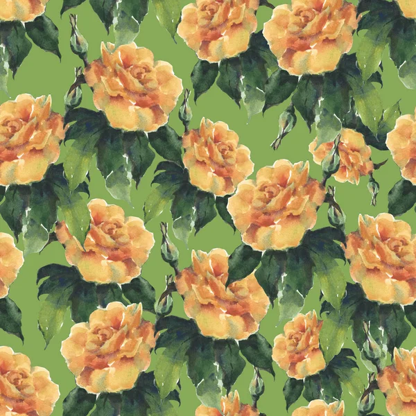 水彩で絵を描く葉の庭のバラ 装飾のための緑の背景に花束のバラとシームレスなパターン — ストック写真