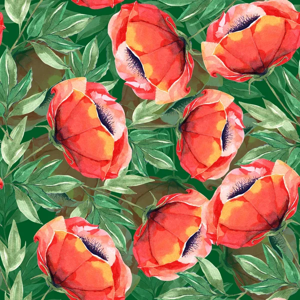 Maki Ogrodowe Liśćmi Malowane Akwarelą Płynny Wzór Kwiatami Bukietu Brązowym — Zdjęcie stockowe