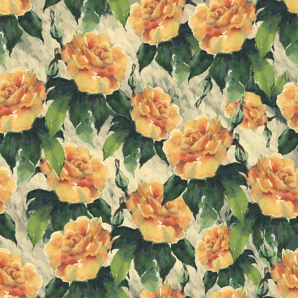 水彩で絵を描く葉の庭のバラ 装飾のための粗い背景に花束のバラとシームレスなパターン — ストック写真