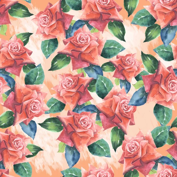有水彩画树叶的花园玫瑰 粉红底色花束玫瑰无缝图案装饰 — 图库照片
