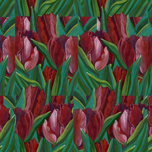 Zahradní Tulipány Listovou Malbou Akvarelem Bezešvý Vzor Kyticovými Tulipány Dekor — Stock fotografie