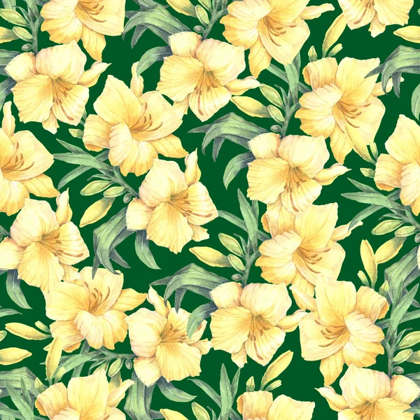 Floral Seamless Pattern Watercolor Flowers Lily Leaves Green Background — Stock Photo, Image
