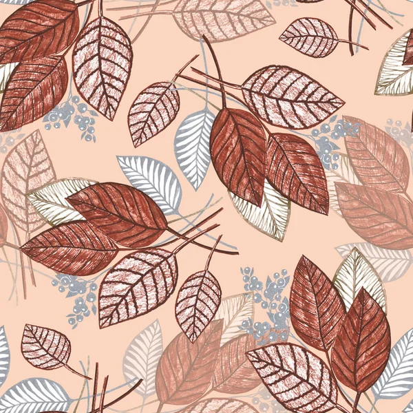 Watercolor leaves of tree. Handmade seamless pattern on pink background.